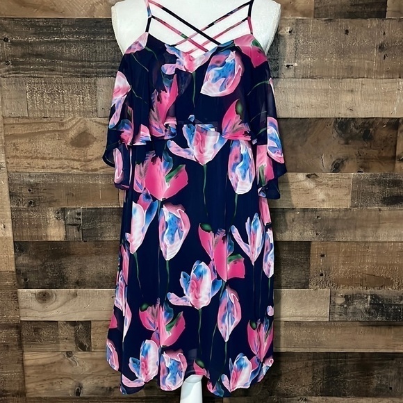 Entro Navy Shoulder Cut Out Dress With Pink Flowers Medium Adjustable Straps - Picture 1 of 5